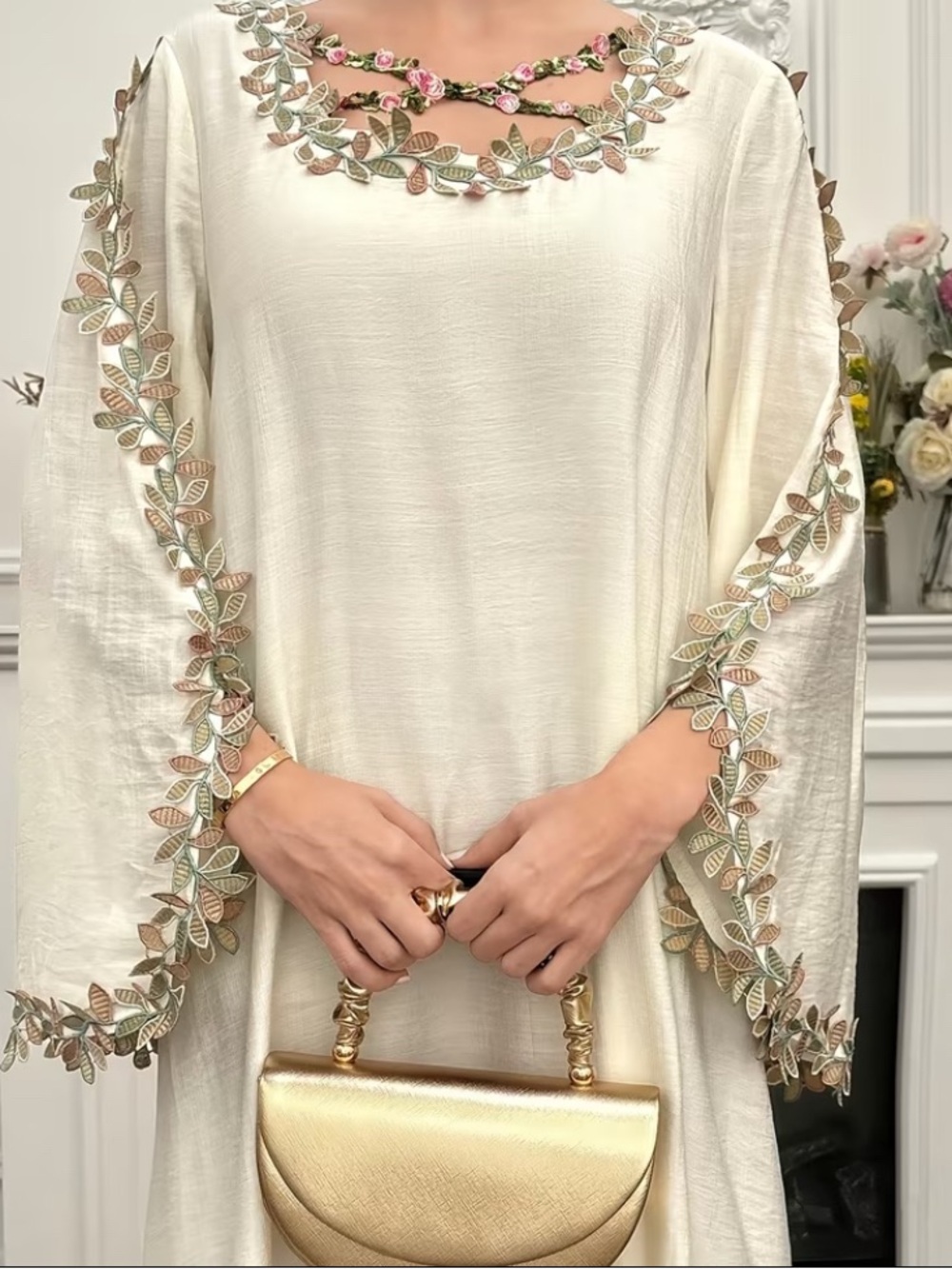 Elegant Cream Tunic Top with Leaf Embroideryr soft material